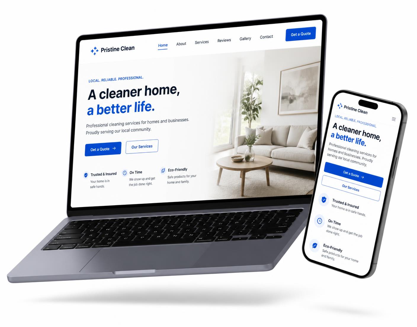Modern local business website shown on a laptop and phone